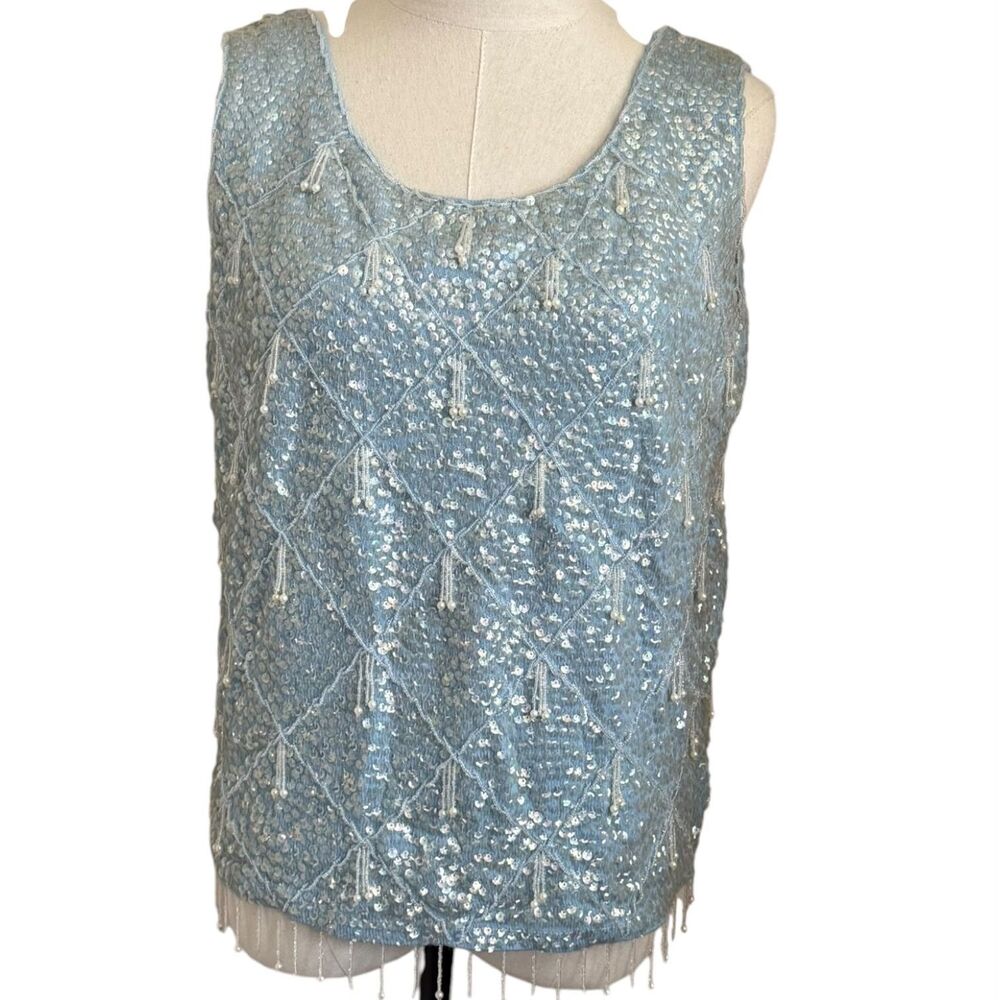 Vintage Light Blue Sequin Beaded Tank Top Sleeveless Party Evening Size L
